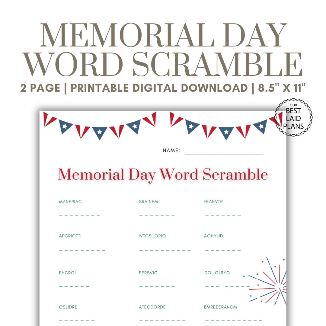 Buy Memorial Day Word Scramble Printable PDF Word Unscramble Word ...