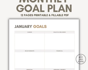Goal Planner Template Monthly Worksheet for Career, Relationships, Financial, Personal Growth and Health Goals Printable PDF Download