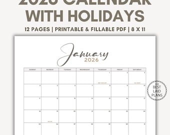 Calendário 2026 para impressão em PDF, preenchível, simples e minimalista com feriados, orientação paisagem 8,5x11