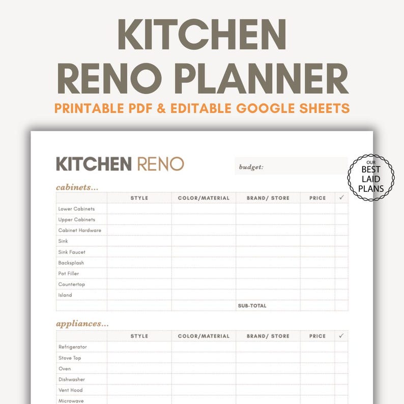 a printable spreadsheet planner for planning a new kitchen renovation or remodel that is editable in Google sheets