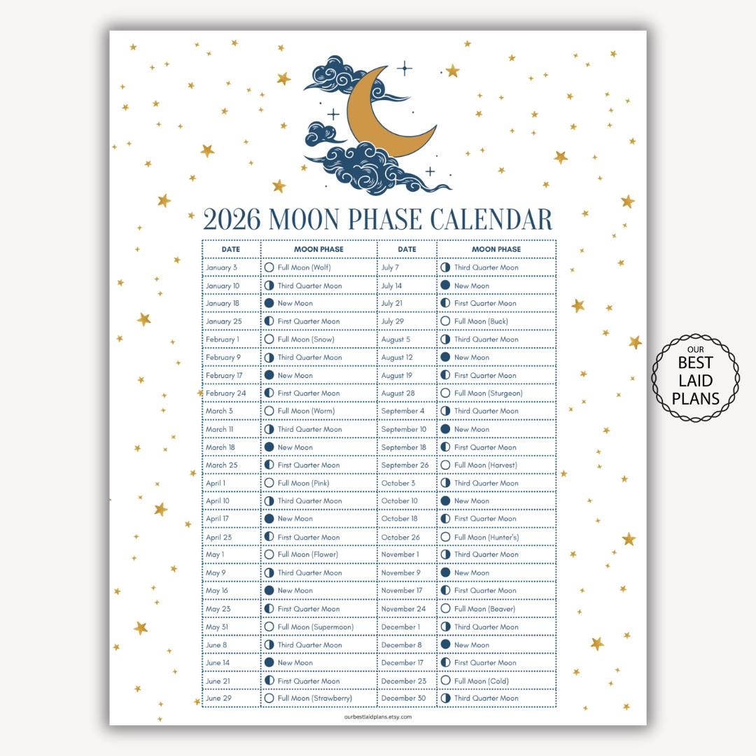 Moon Phase Calendar 2026 Printable, Lunar Cycle Calendar 2026