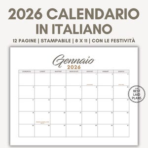 Calendario Italiano 2026, Calendario 2026 Stampabile PDF Mensile, Calendario Italiano 2026 Download Digitale Calendario Italiano 2026 con Festività