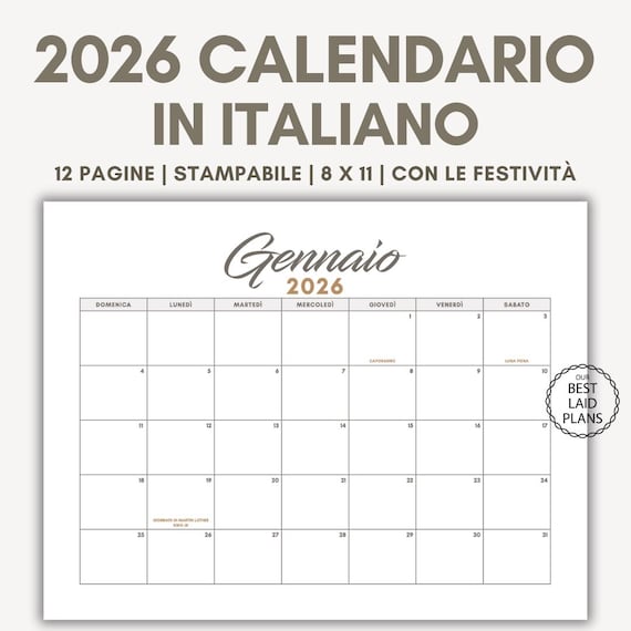 2026 Calendar Italian, 2026 Calendario Printable PDF Monthly, Italian Calendar 2026 Digital Download Italiano Calendar 2026 with Holidays