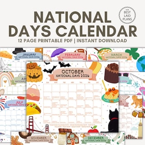 Peut inclure: Un calendrier des journées nationales 2026 en PDF imprimable de 12 pages avec des illustrations saisonnières. La page d'octobre est centrée, affichant une grille avec des dates, du texte et des icônes de citrouilles, chauves-souris et chat noir.