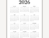 2026 Calendar Year at a Glance Printable PDF, Year Printable Calendar, Yearly 2026 Calendar One Year Simple, 2026 Calendar Digital Download