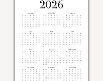 Kalenderjaar 2026 in één oogopslag afdrukbare pdf, afdrukbare jaarkalender, jaarkalender 2026 één jaar eenvoudig, kalender 2026 digitale download