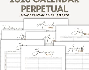 2026 Perpetual Calendar Printable, Portrait Orientation, for Monthly Events Birthdays (Fillable PDF) Table Template