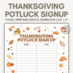 May include: Printable Thanksgiving potluck sign-up sheet with a fall theme. The sheet has a white background with a brown border and is decorated with pumpkins, acorns, leaves, and stars. The text "Thanksgiving Potluck Sign Up" is at the top of the sheet, and there are columns for "Name" and "Dish".