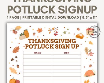 Thanksgiving Potluck Sign Up Sheet Printable, Thanksgiving Potluck Sign Up Sheet PDF, Thanksgiving Potluck Sign Up Sheet Template PDF