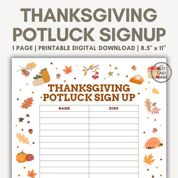 Thanksgiving Potluck Sign Up Sheet Printable, Thanksgiving Potluck Sign Up Sheet PDF, Thanksgiving Potluck Sign Up Sheet Template PDF