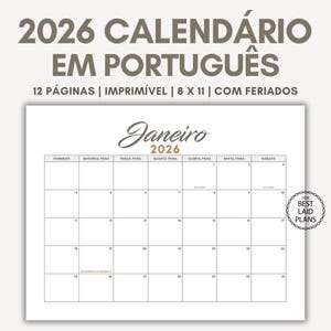 Kalender 2026 in Portugese afdrukbare pdf, Portugese kalender 2026 maandelijks digitaal, Calendario em Português 2026 wandkalender
