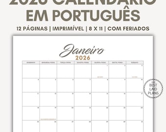 Calendrier 2026 en portugais PDF imprimable, calendrier portugais 2026 mensuel numérique, Calendario en portugais 2026 calendrier mural