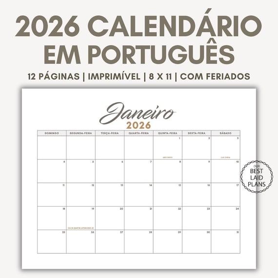 2026 Calendar in Portuguese Printable PDF, Portuguese Calendar 2026 Monthly Digital, Calendario em Português 2026 Wall Calendar