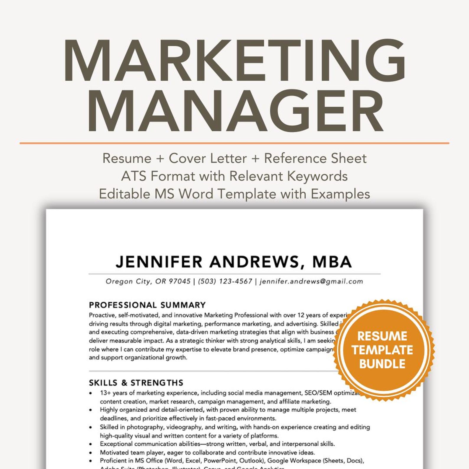 Resume Template Marketing Manager With Cover Letter + Example Resume ...