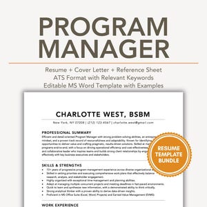 Modelo de currículo para gerente de programa com carta de apresentação e exemplo/modelo de CV em formato compatível com ATS (arquivos Word editáveis).