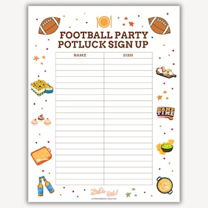 Może przedstawiać: Biała karta Football Party Potluck Sign Up z grafiką piłki nożnej na górze. Karta ma miejsce na wpisanie imion i potraw. Karta jest ozdobiona ilustracjami jedzenia i słowami "Let's Eat!"