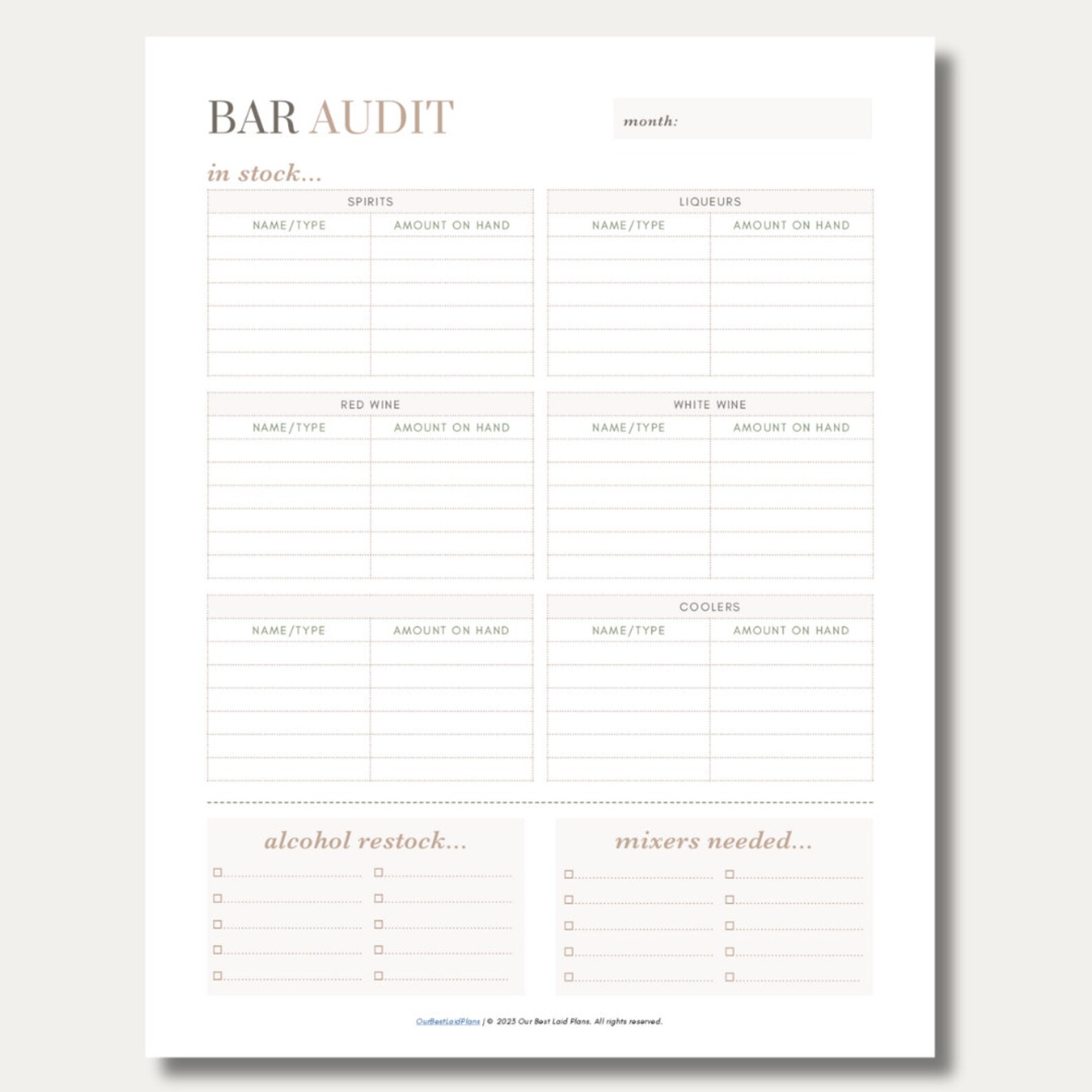 Bar Audit Printable PDF, Bar Inventory Checklist, Bar Restock, Bar