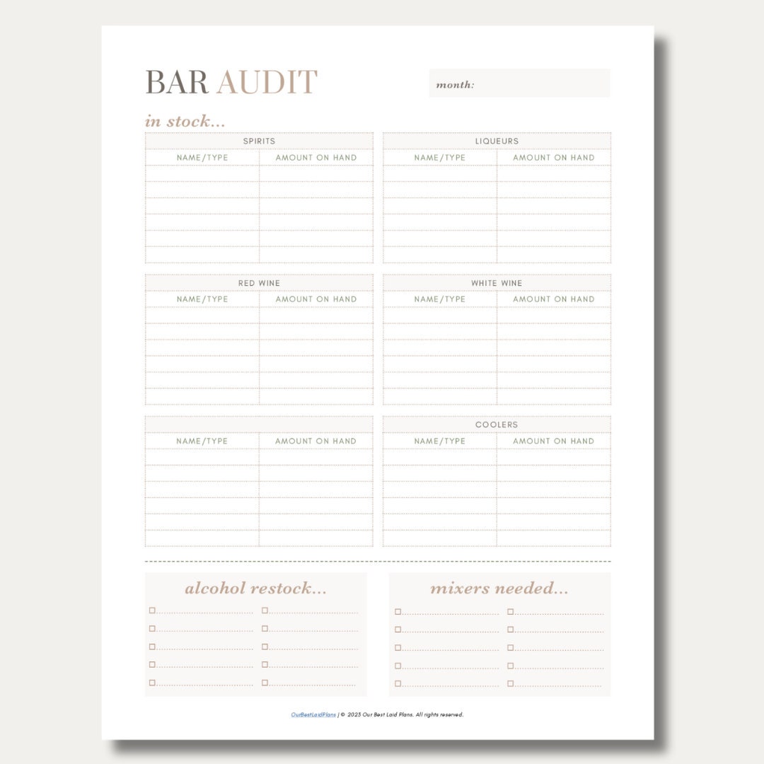 Bar Audit Printable PDF, Bar Inventory Checklist, Bar Restock, Bar