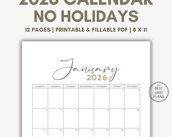 Kalender 2026 afdrukbare en invulbare pdf, geen vakantie, blanco sjabloon, Letter-formaat, minimalistisch met kalligrafie, directe digitale download