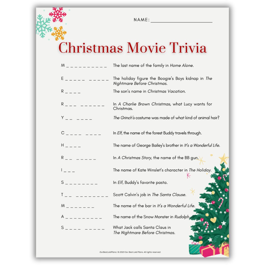 Christmas Movie Trivia Game Printable PDF Digital Download, Christmas