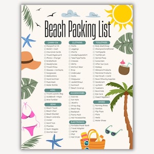 May include: A colorful beach packing list with categories like carry-on, clothing, toiletries, and accessories. The list includes items such as passport, sunglasses, sunscreen, and a beach towel. The image has a sunny, summery theme.