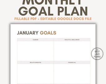 Goal Planner Template Monthly Worksheet for Career, Relationships, Financial, Personal Growth, Health Printable PDF & Editable Google Docs