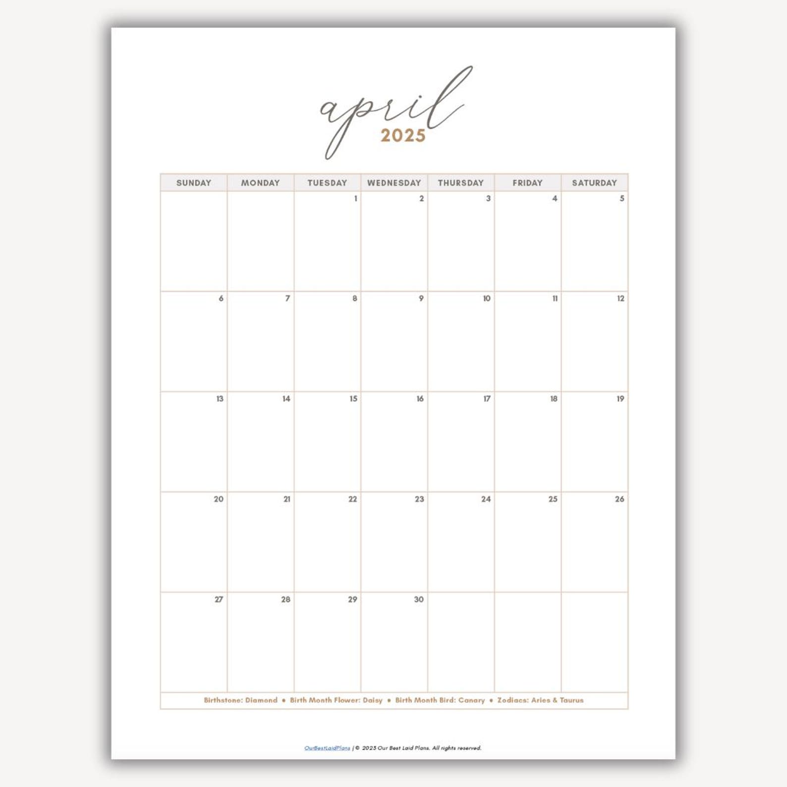 April 2025 Calendar Printable PDF Portrait Blank Calendar April