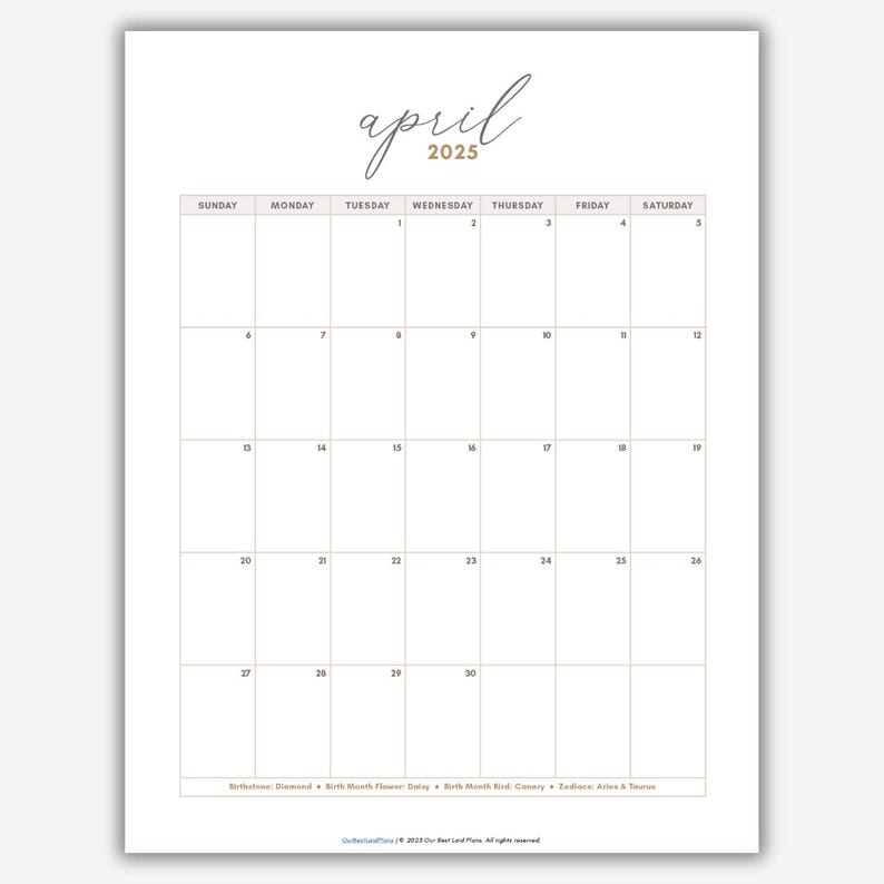 April 2025 Calendar Printable PDF Portrait Blank Calendar April