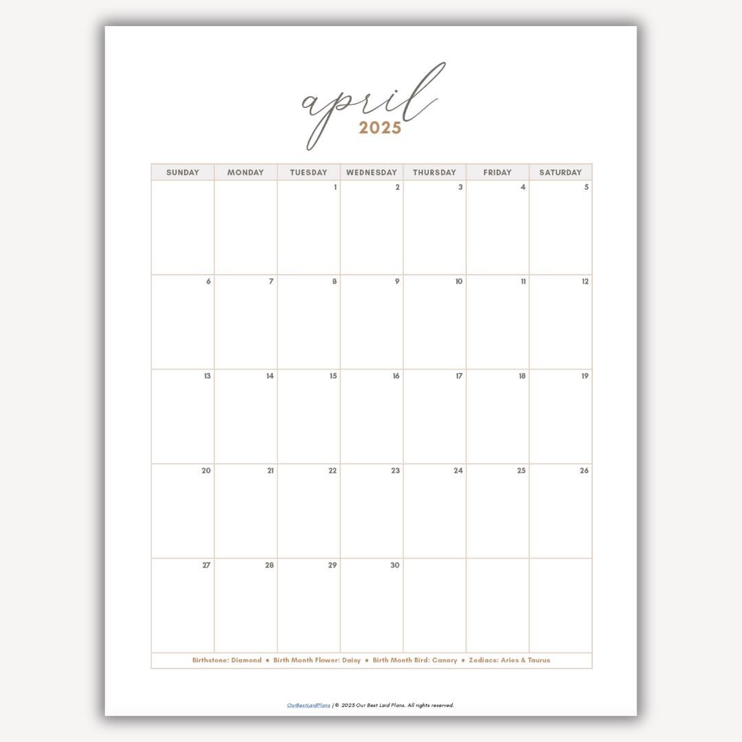 April 2025 Calendar Printable PDF Portrait Blank Calendar April