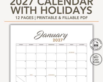 May include: A 2027 calendar with holidays, featuring 12 pages as a printable and fillable PDF. The January 2027 page displays a grid layout with days of the week, including an editable Google Docs template icon and a circular badge with text.