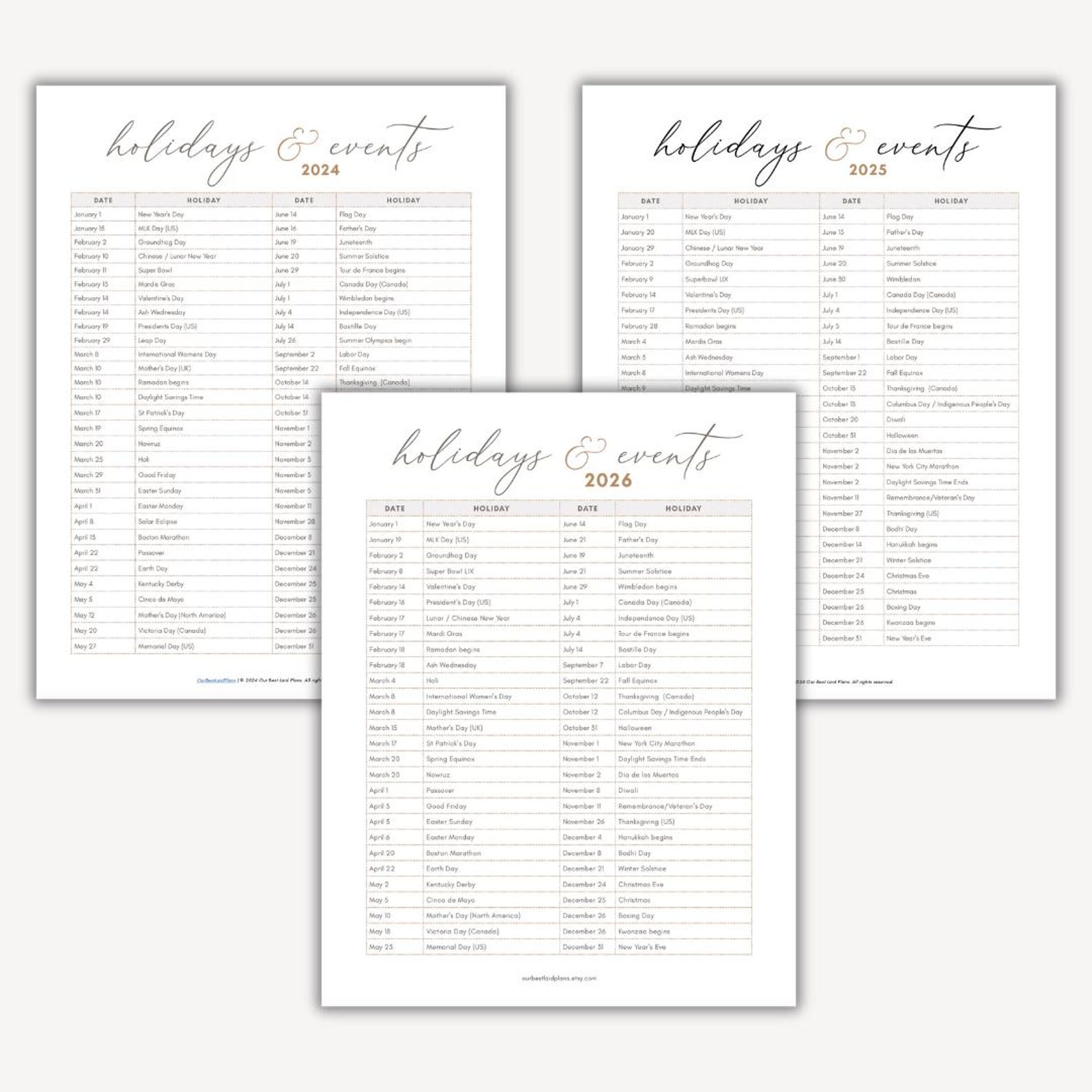 Holiday List Printable 2024 2025 2026 Holiday Calendar 2024 2025 2026