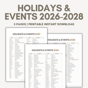 List of Holidays 2026 2027 2028, Holiday List Printable PDF in Order, Holidays and Events for 2026 2027 2028