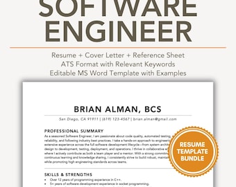 Resume Template Software Engineer Developer with Cover Letter and Example / Sample CV in ATS Friendly Format Editable Word Files