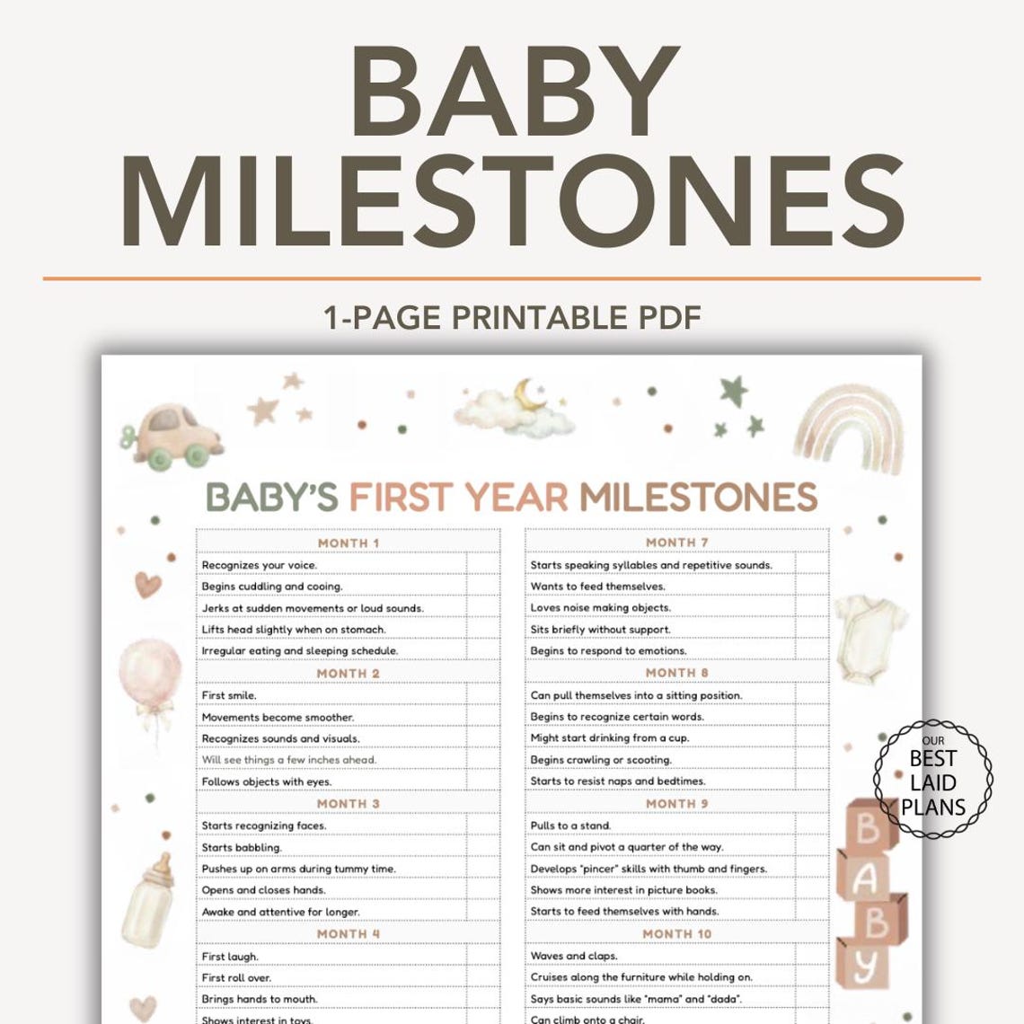 Baby Milestones Chart by Month Printable PDF, Baby Milestones Timeline ...
