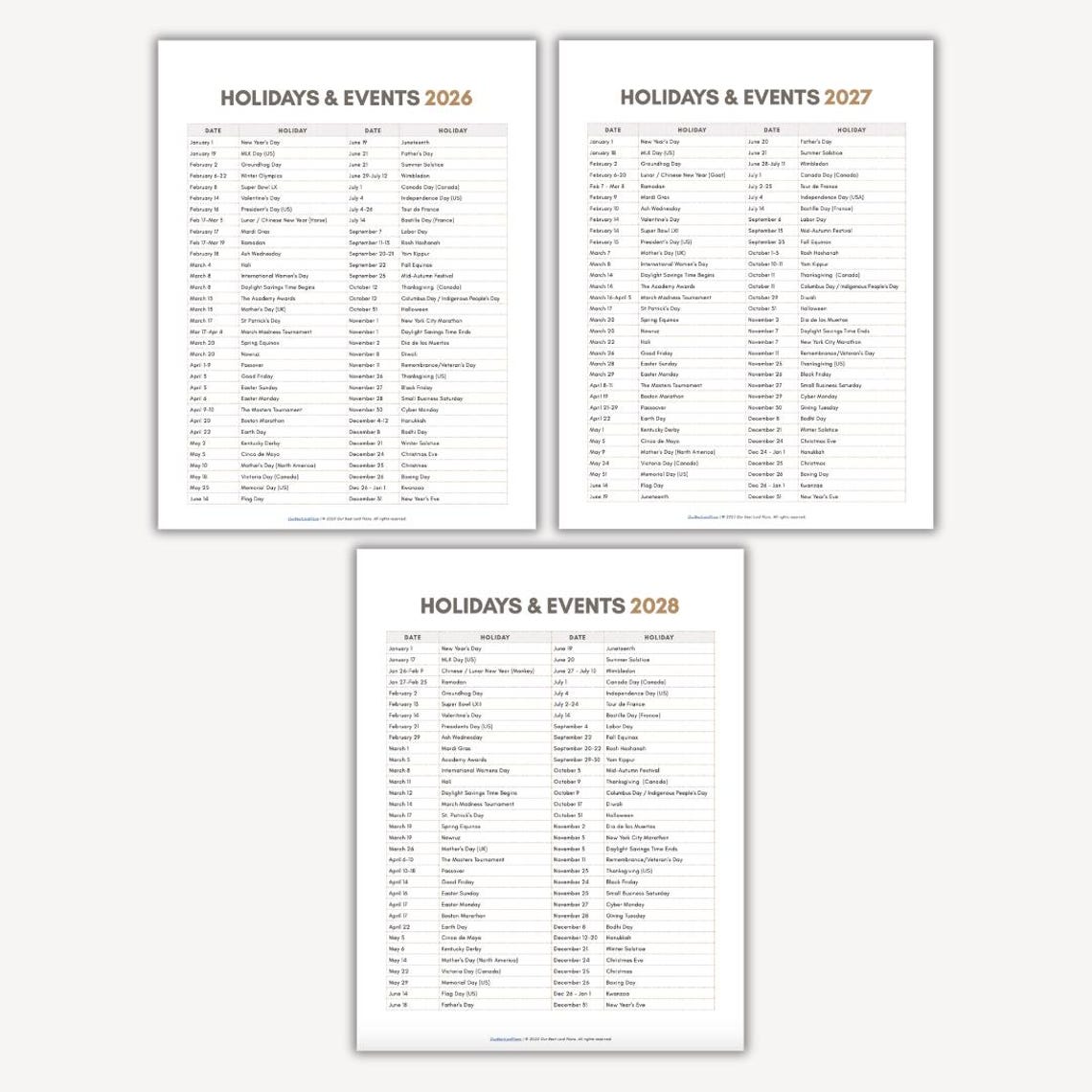 List of Holidays 2026 2027 2028, Holiday List Printable PDF in Order ...
