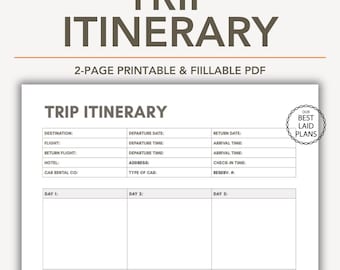 Travel Itinerary Planner Printable Fillable PDF, Trip Itinerary Planner, Trip Planning Itinerary Maker, Travel Itinerary Template, Trip Plan