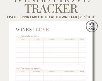 Wine Tracker, Wines I Love Planner Page Minimalist Simple One Page Planner Page for Wine Lovers, Wine Journal Page Planner for Women