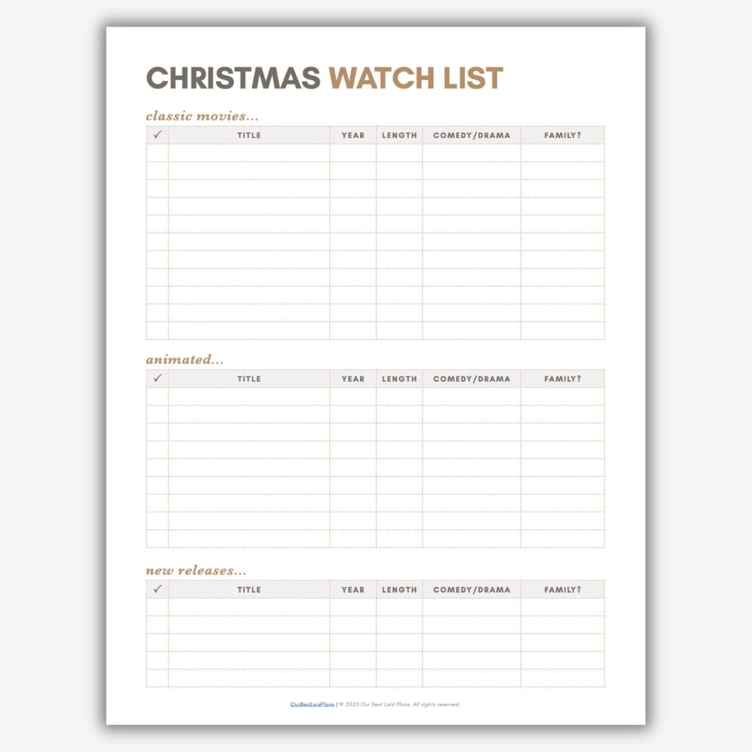 Christmas Movie Watch List Printable Planner, Movies to Watch Tracker ...
