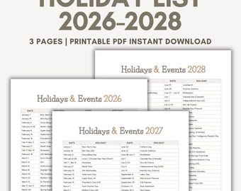 Liste der Feiertage 2026 2027 2028, Feiertagsliste Druckbare PDF-Datei in der Reihenfolge, Feiertage und Ereignisse für 2026 2027 2028, Feiertagskalenderliste