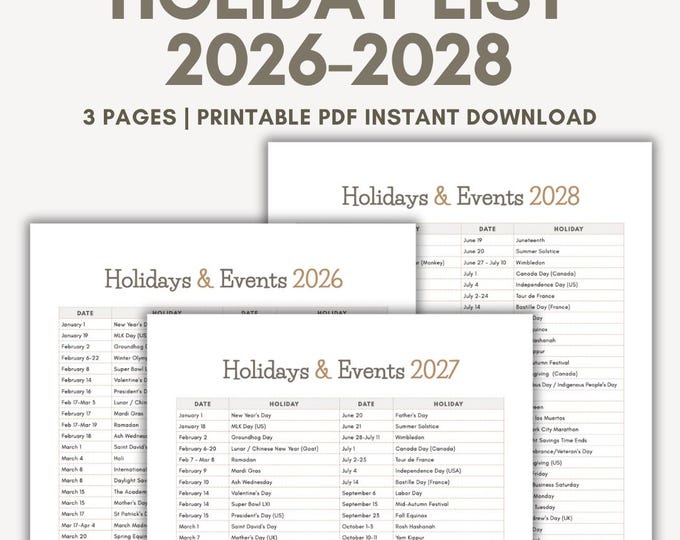 2026 Holiday List Printable: One-page Calendar for Yearly Planning (PDF ...