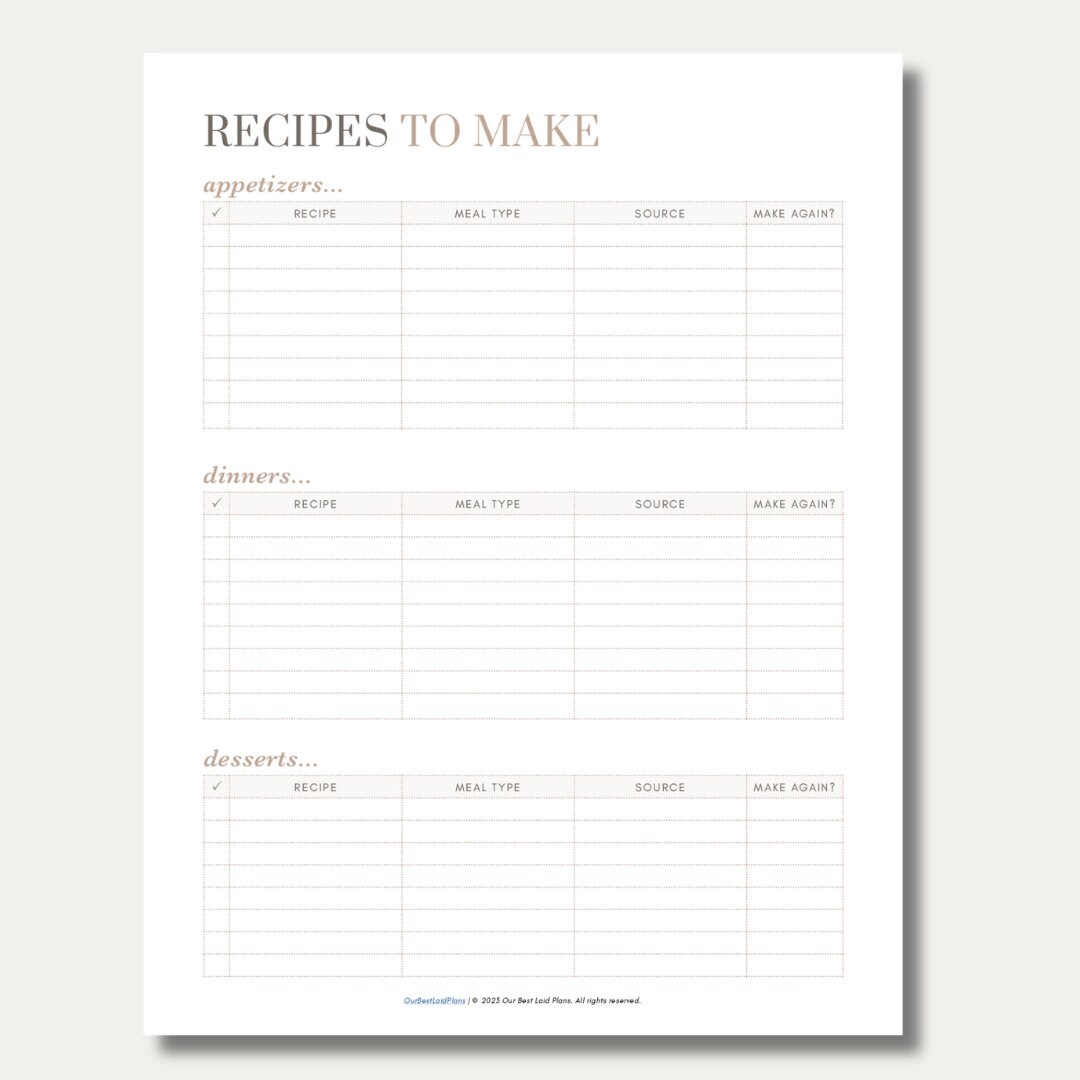 Recipe Tracker, Recipes to Make, Recipe Planner, Recipe Template