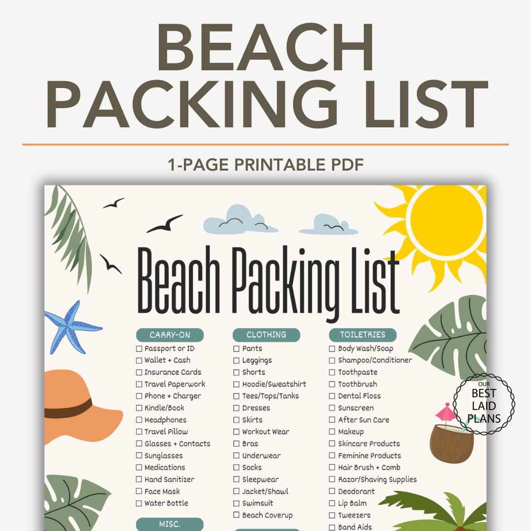 Beach Vacation Packing List Printable PDF + Editable Canva Template ...