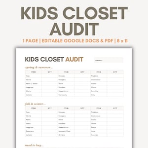 Kids Closet Audit Printable PDF Editable Google Docs Kids Clothing Inventory Tracker Kids Clothing Planner Kids Wardrobe Planner Mom Planner