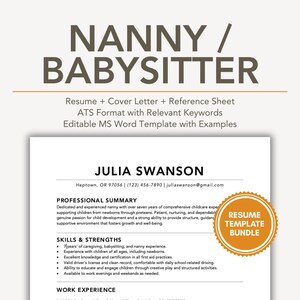 Nanny Resume Template with Cover Letter Example & Resume, Babysitter Professional CV Layout, ATS Friendly, Microsoft Word Format