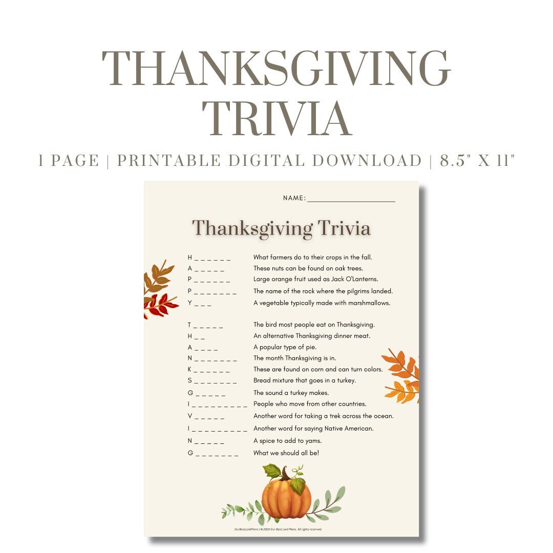 Thanksgiving Trivia Printable PDF, Thanksgiving Teacher Printable