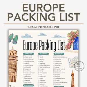 Könnte beinhalten: Eine druckbare Packliste für Europa mit Kategorien für Handgepäck, Kleidung, Toilettenartikel und Elektronik. Die Liste enthält Artikel wie Reisepass, Jeans, Sonnencreme und Kopfhörer. Das Bild zeigt eine Aquarellillustration einer europäischen Szene.