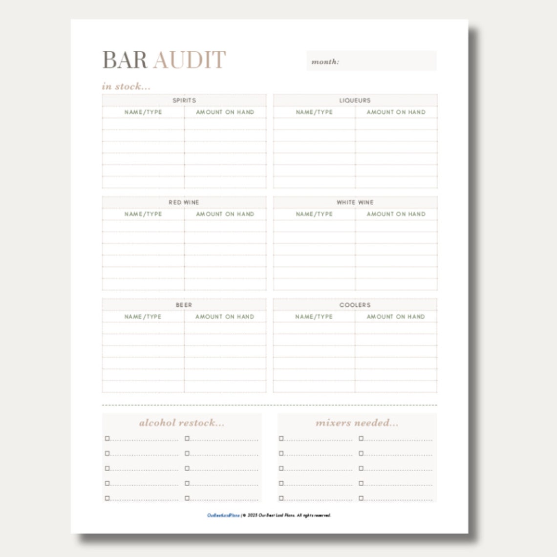 Bar Audit Printable PDF Home Bar Inventory Checklist Bar Restock Bar
