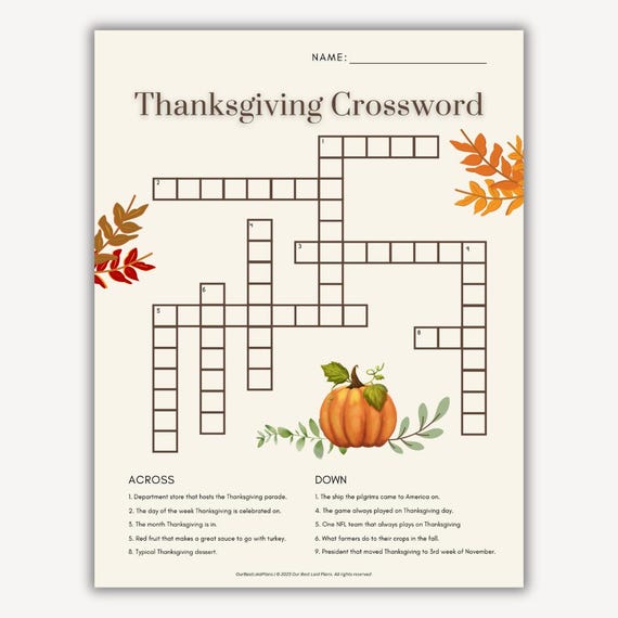Thanksgiving crossword puzzle, thanksgiving crossword printable, thanksgiving  puzzle crossword pdf thanksgiving 2025 printable crossword - etsy