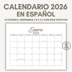 Calendrier 2026 espagnol à imprimer, calendrier 2026 espagnol, Calendario Espagnol mensuel, Calendario Mensual Español 2026 Calendrier mural espagnol