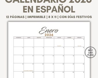 2026 Calendar Spanish Printable, 2026 Spanish Calendar, Calendario Espanol Monthly, Calendario Mensual Español 2026 Wall Calendar Spanish